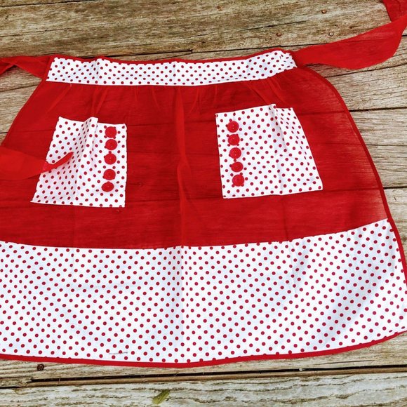 Vintage Half Apron Organdy Red Polka Dot - Picture 1 of 9